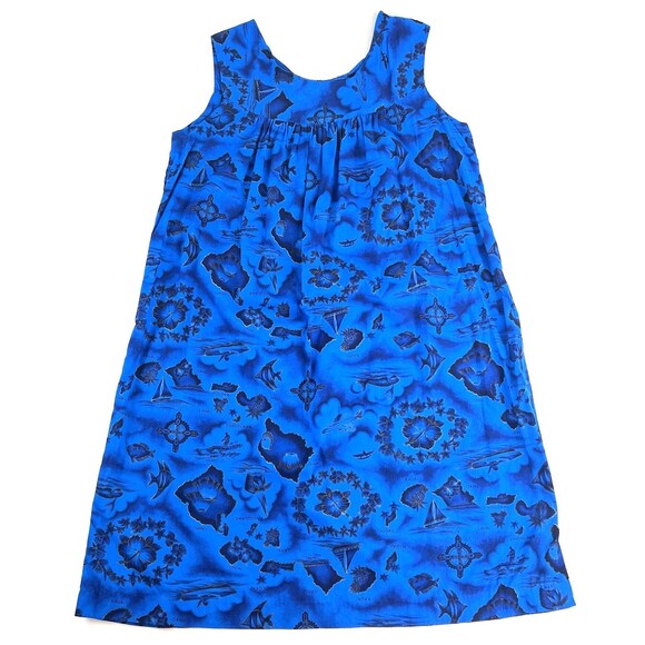 Vintage Ui-Maikai 60s Hawaiian Muumuu Dress  Cobalt Blue Map Print Islands L-XL - Picture 1 of 9